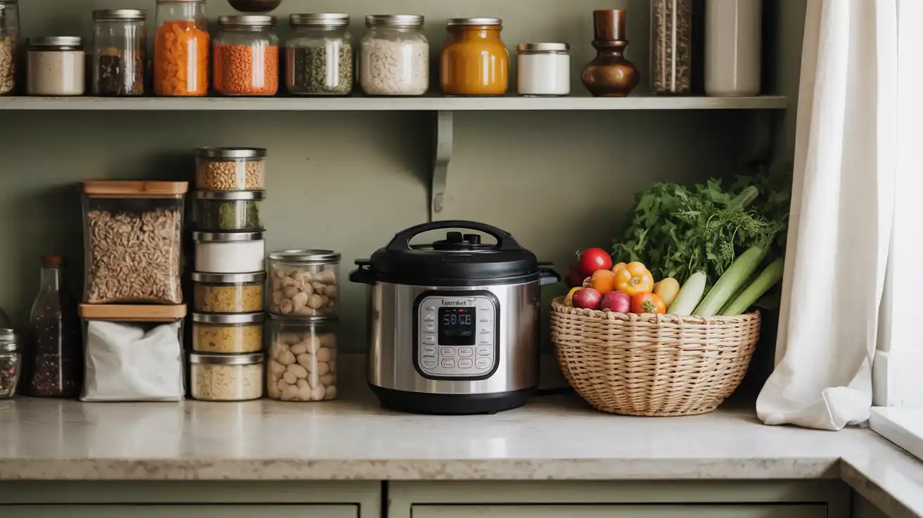 Close-up of pantry staples for TikTok vegan dump meals, including canned beans, rice, salsa, and coconut milk A flat lay of pantry and freezer staples for making viral vegan Instant Pot meals — including beans, rice, spices, and frozen veggies.