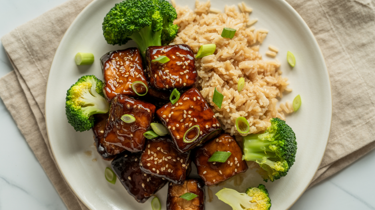 Colorful bowl of sticky teriyaki tempeh, broccoli florets, and jasmine rice topped with sesame seeds and scallions