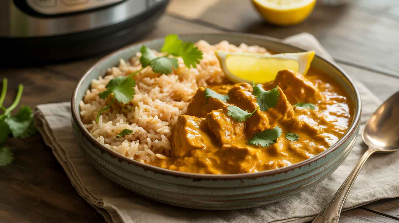 Creamy vegan tempeh tikka masala with rice and fresh cilantro in a bowl beside an Instant Pot Creamy vegan tempeh tikka masala with rice and fresh cilantro in a bowl beside an Instant Pot