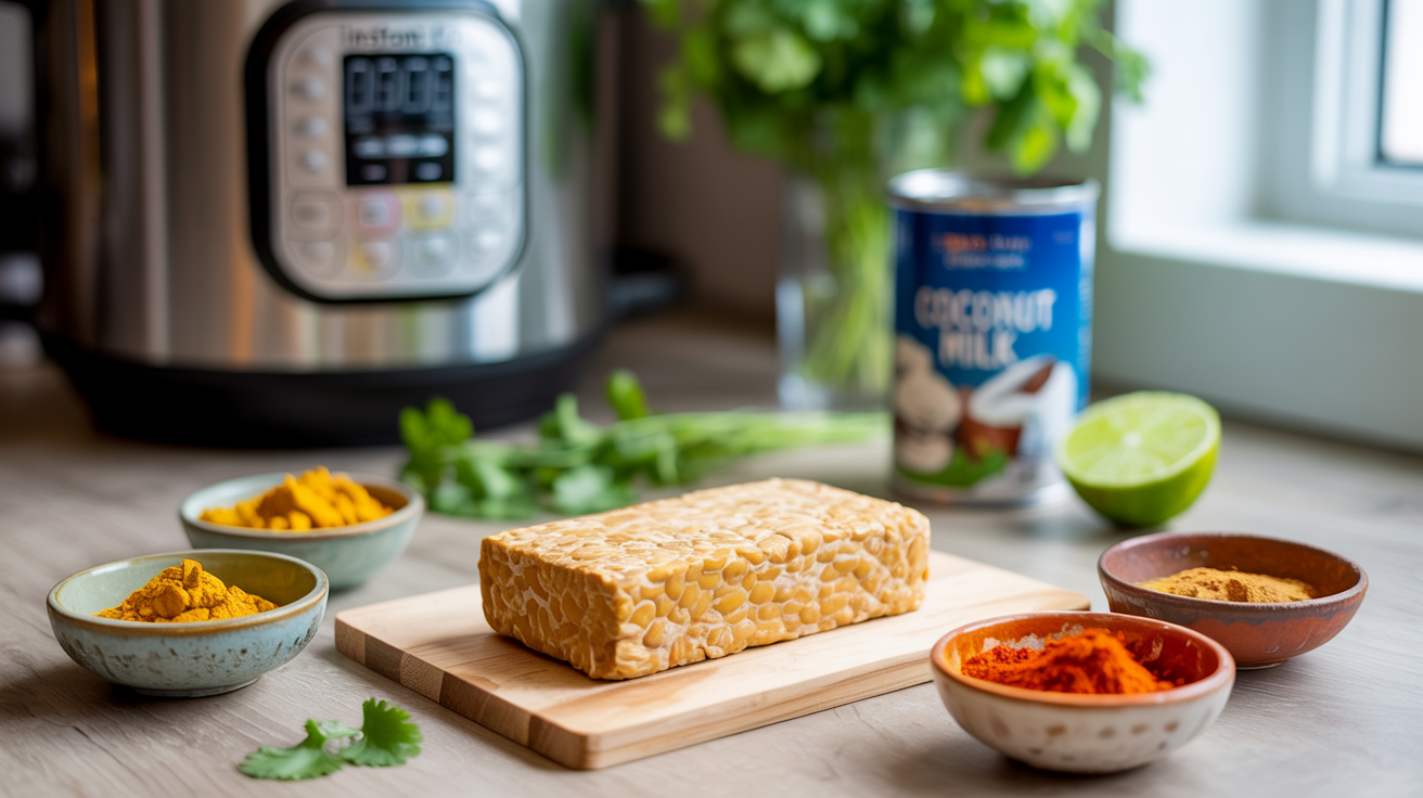 Flat lay of raw tempeh block, spices, coconut milk, garlic, and lime on a wooden surface