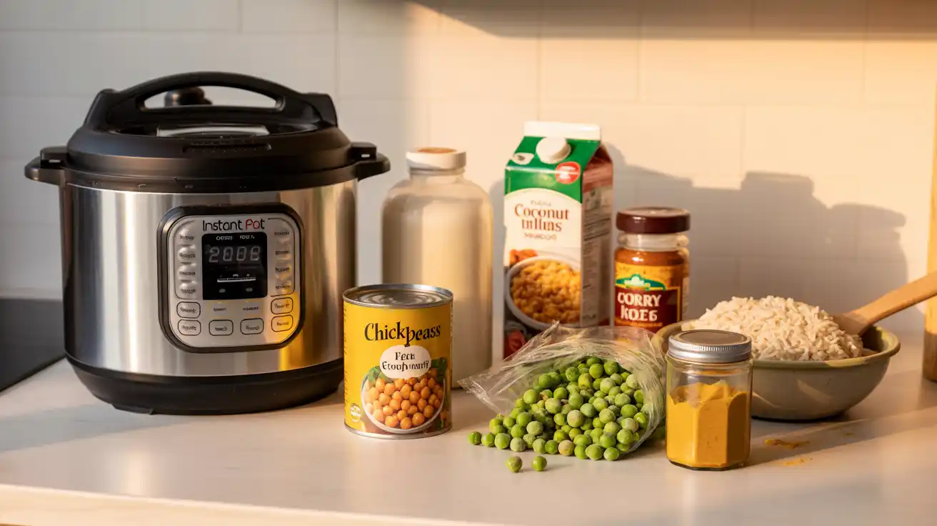 Instant Pot with laid-out ingredients for a 5-ingredient vegan recipe chickpeas, coconut milk, peas, curry powder, and rice Instant Pot with laid-out ingredients for a 5-ingredient vegan recipe: chickpeas, coconut milk, peas, curry powder, and rice.