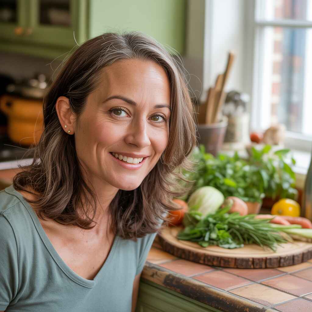 Smiling woman in a plant-based kitchen with fresh vegetables on the counter