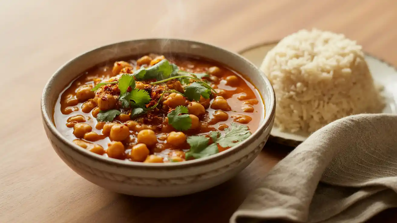 Steaming bowl of chickpea tomato curry with cilantro garnish, served next to rice a classic 5-ingredient vegan Instant Pot recipe. Steaming bowl of chickpea tomato curry with cilantro garnish, served next to rice — a classic 5-ingredient vegan Instant Pot recipe.
