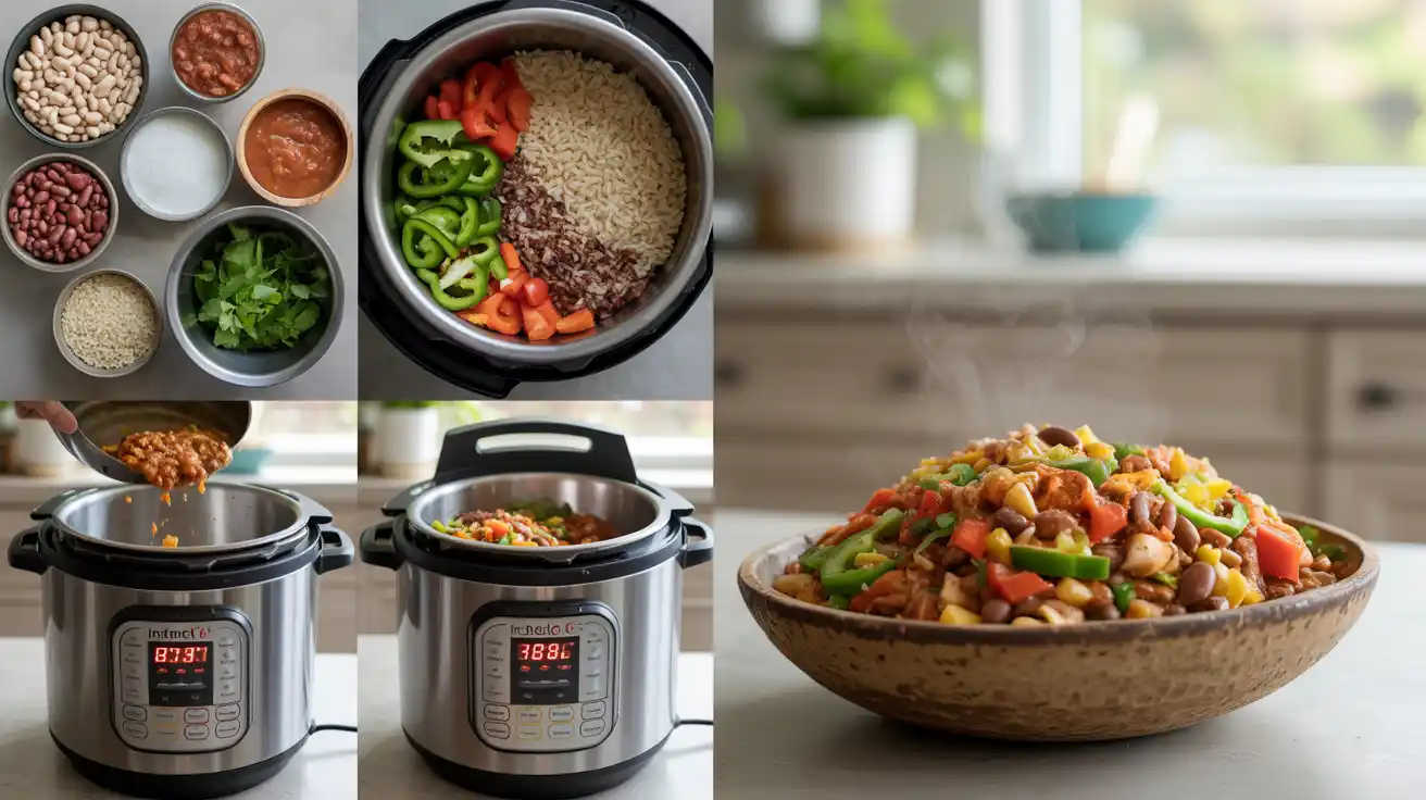 Step-by-step collage showing the making of a 5-ingredient vegan Instant Pot recipe with rice, beans, salsa, and vegetables from prep to final dish. Step-by-step collage showing the making of a 5-ingredient vegan Instant Pot recipe with rice, beans, salsa, and vegetables from prep to final dish.