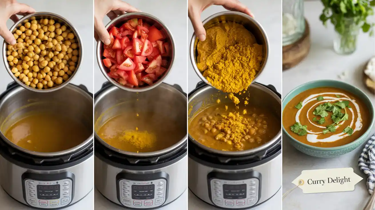 Step-by-step images showing how to make viral vegan Instant Pot curry from TikTok with chickpeas, coconut milk, and spinach Step-by-step cooking process of a TikTok viral vegan Instant Pot chickpea curry — from canned ingredients to finished dish.