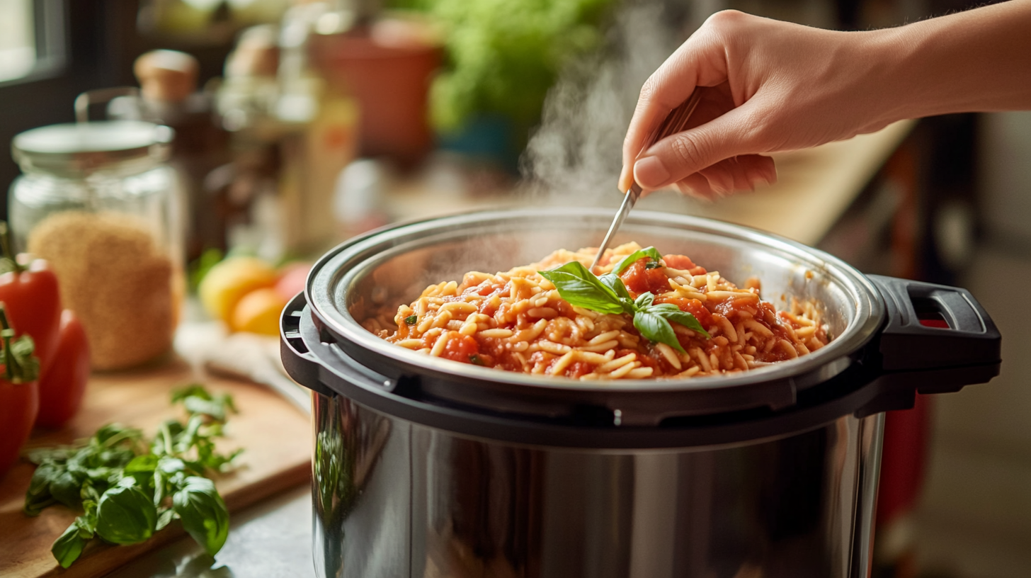 Stirring a hot batch of creamy tomato orzo inside an Instant Pot — quick and easy plant-based dinner ready in 30 minutes.