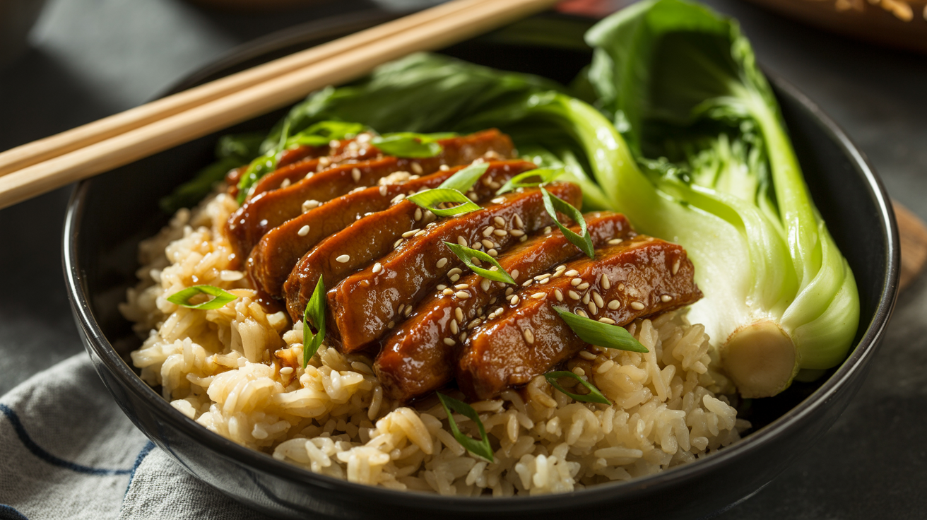 Teriyaki-glazed vegan seitan slices served over rice with bok choy and sesame seeds. Teriyaki-glazed vegan seitan slices served over rice with bok choy and sesame seeds.