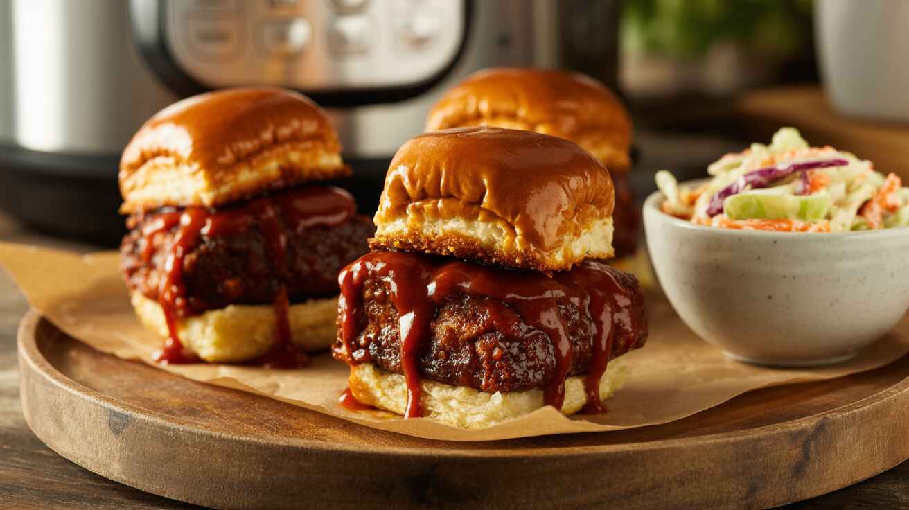 Three vegan seitan BBQ sliders dripping with sauce on a wooden board next to coleslaw Three vegan seitan BBQ sliders dripping with sauce on a wooden board next to coleslaw
