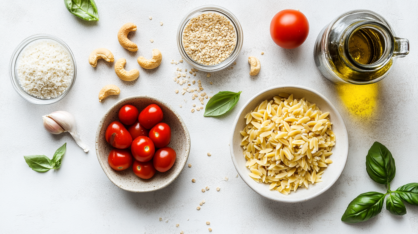 Top-down view of ingredients for a vegan Instant Pot tomato orzo, soaked cashews, tomatoes, garlic, and herbs for a 30-minute dinner.