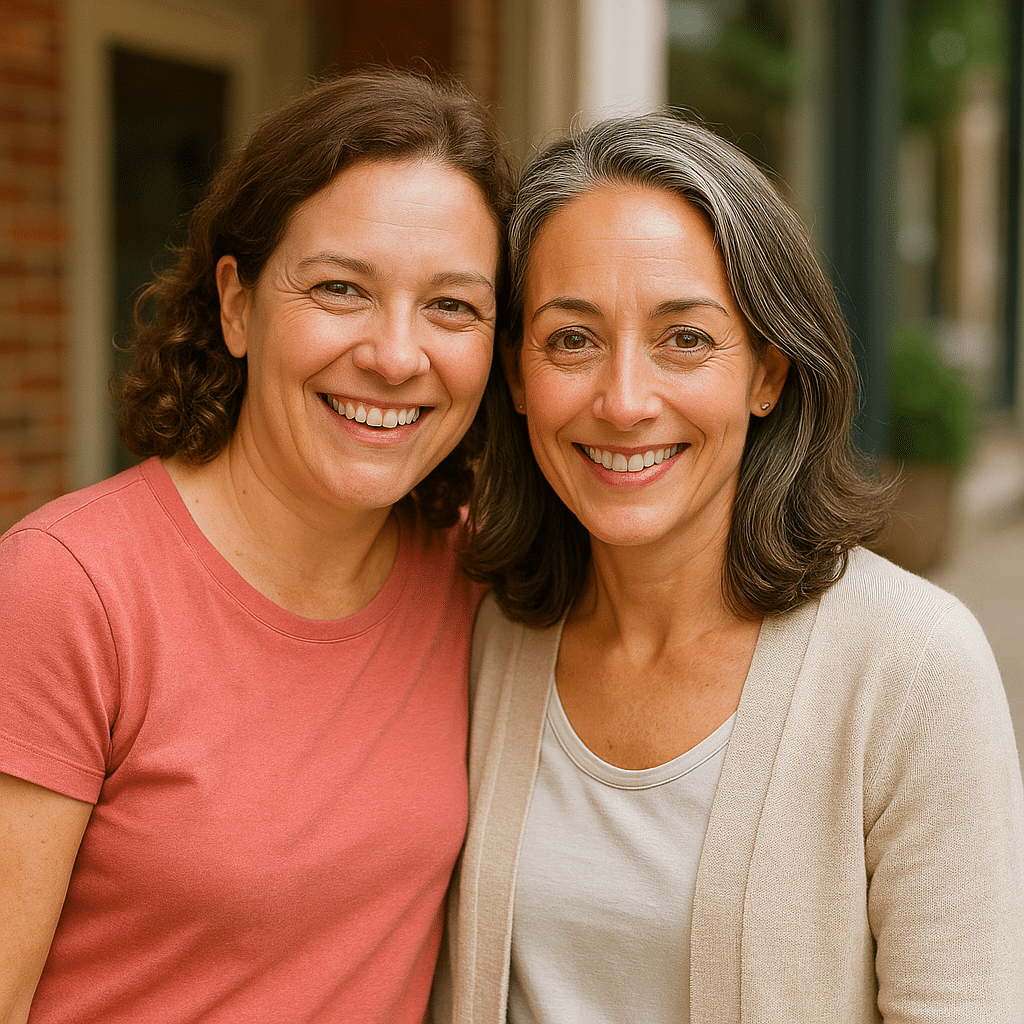 Two smiling friends in their 40s who love to cook