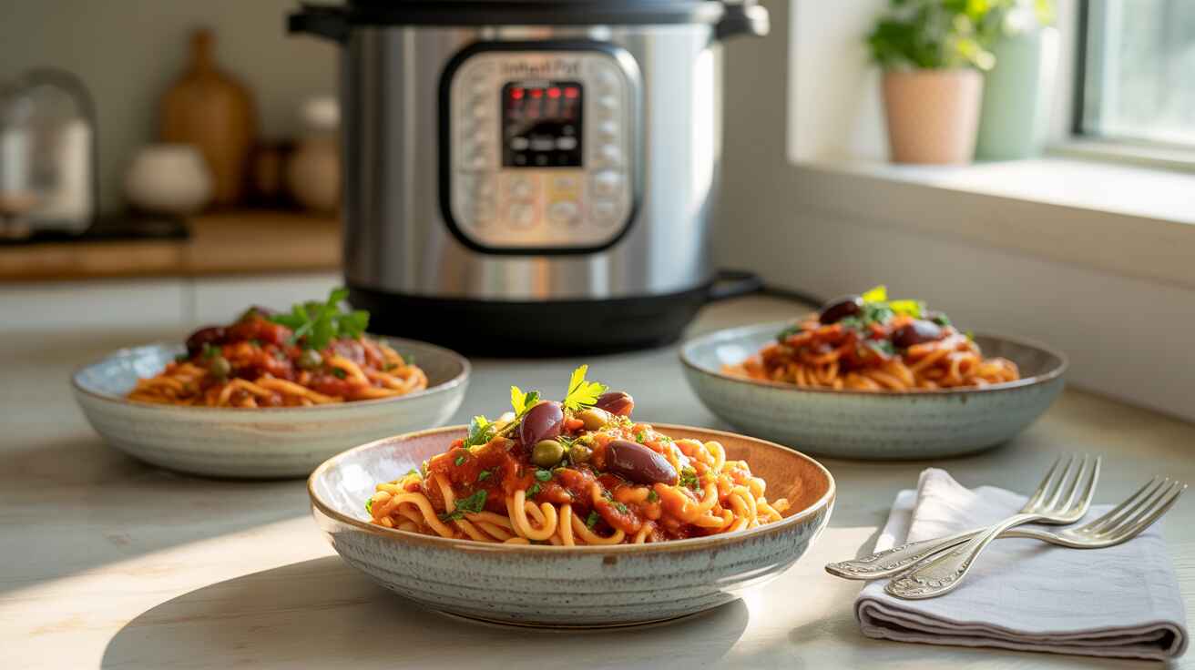 Vegan Instant Pot pasta puttanesca served in ceramic bowls with olives and parsley Vegan Instant Pot pasta puttanesca served in ceramic bowls with olives and parsley