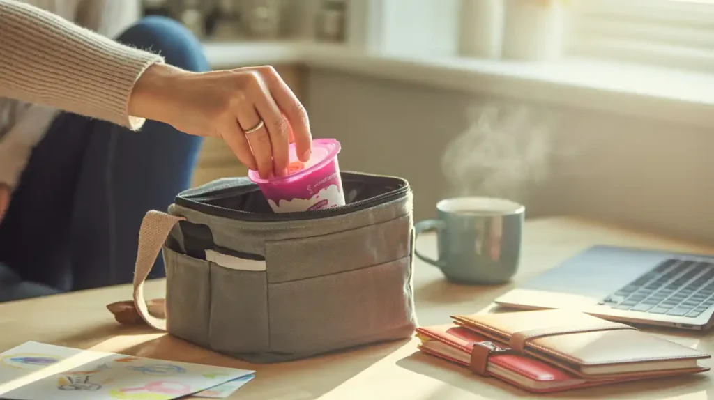 Woman taking a protein yogurt from her lunch bag.