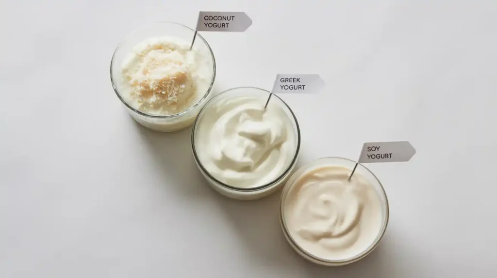 Coconut, Greek, and soy yogurt bowls side-by-side with labels