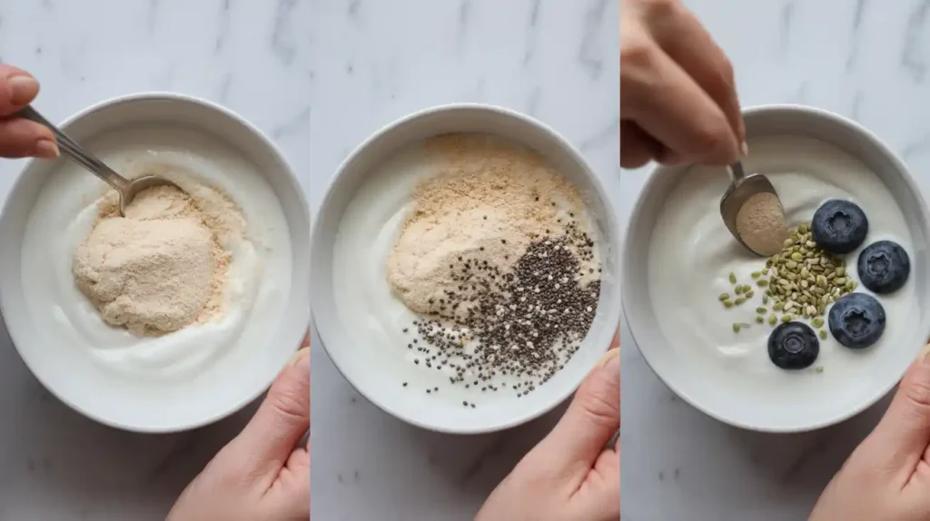 Four images showing how to turn coconut yogurt into a high-protein bowl