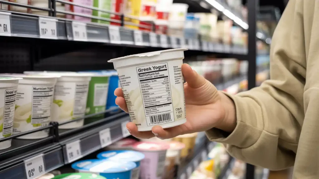 Hand holding coconut yogurt in a grocery aisle, reading the label