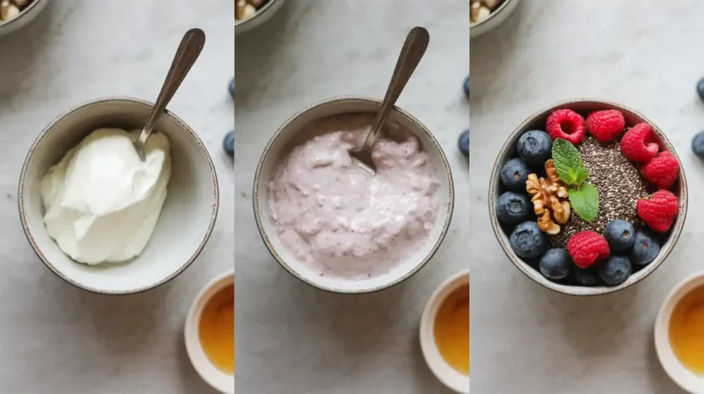 Step-by-step process of making a protein yogurt bowl.